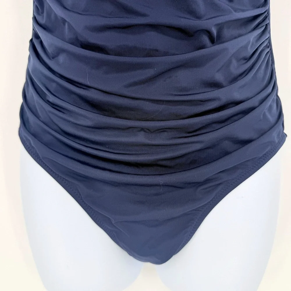 Garnet‎ Hill Navy Blue Ruched Crossover One Piece Swimsuit 33497 Womens 8 NEW